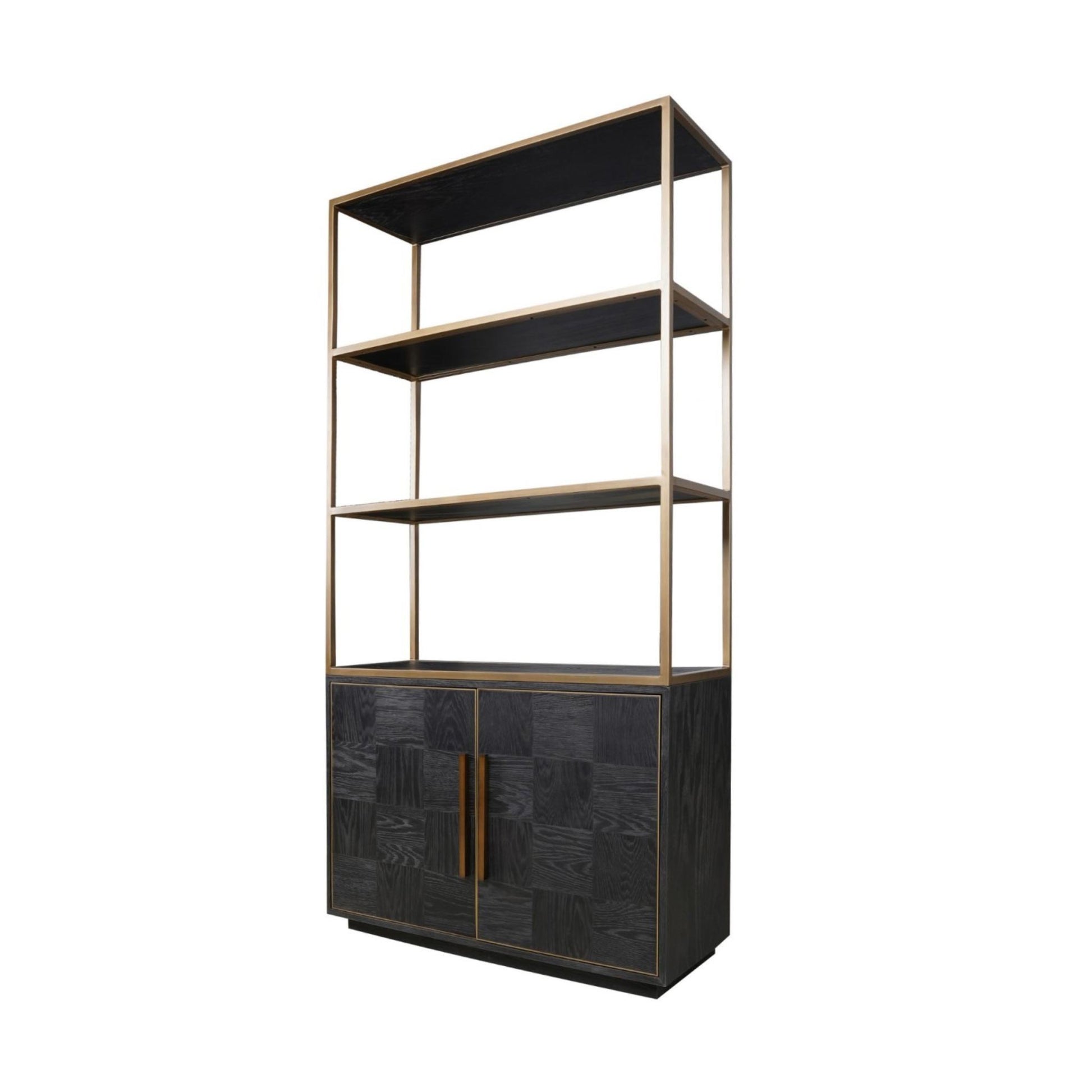 Side view of dark oak chessboard style wood panelled bookcase with brass details