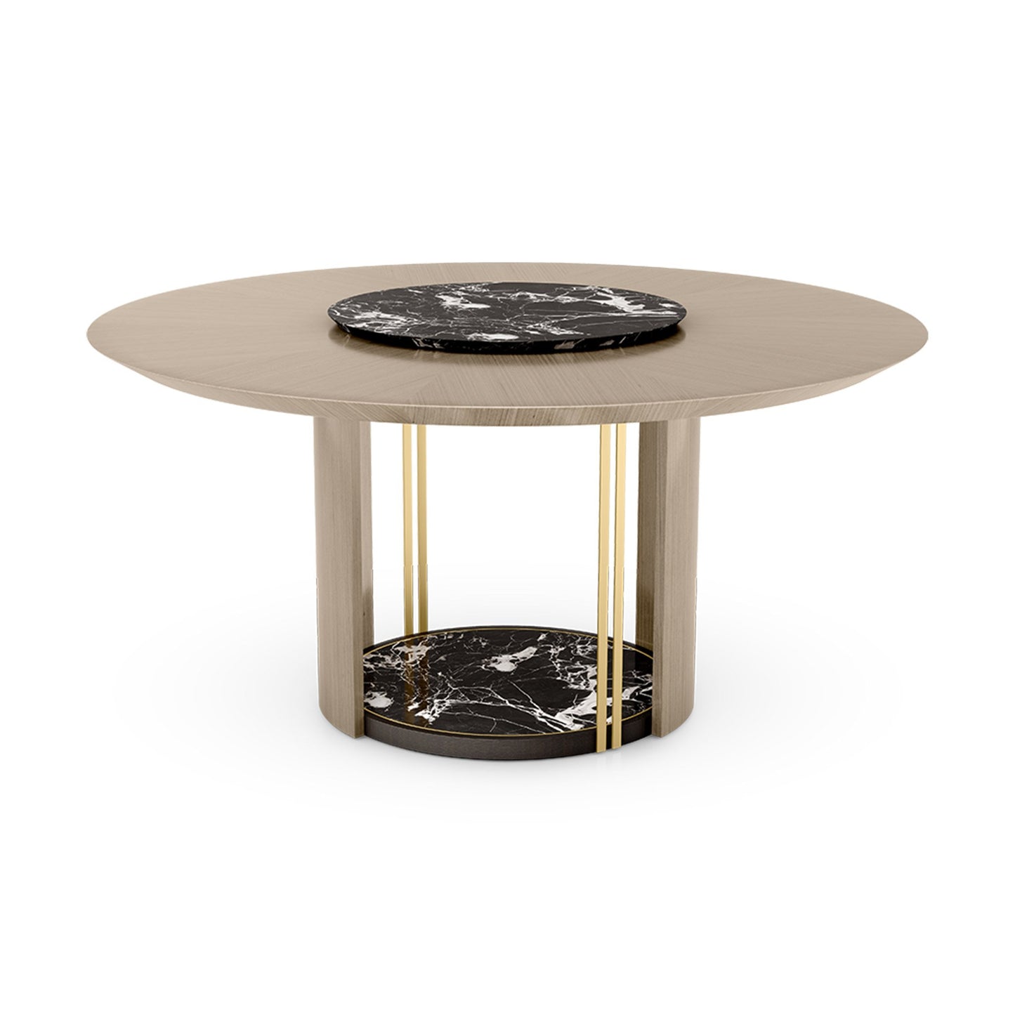 Luxurious round dining table with stone inlay with high gloss close pore wood veneer top and sides