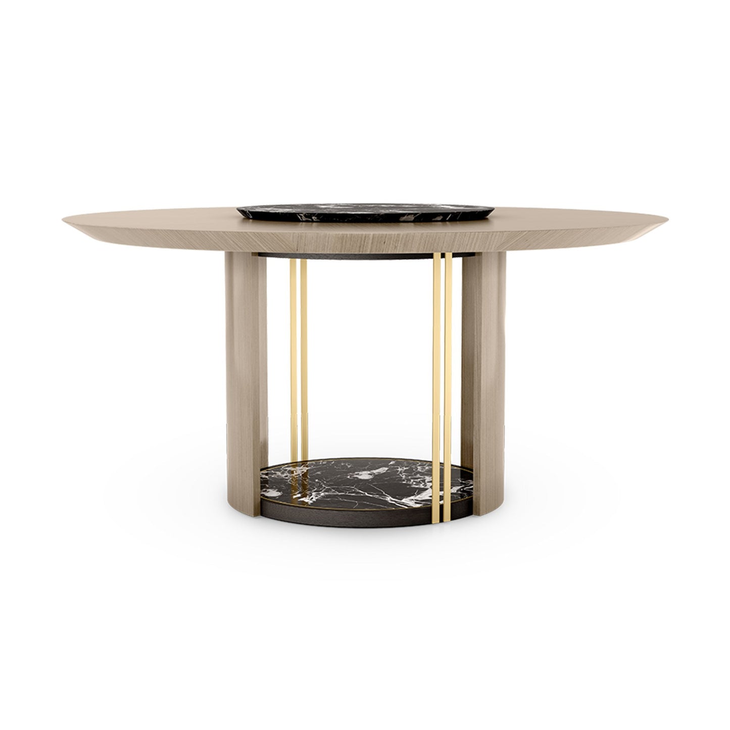 Luxury round dining table with stone inlay combining soft wood tones with a striking stone inlay and brushed brass detailing. 