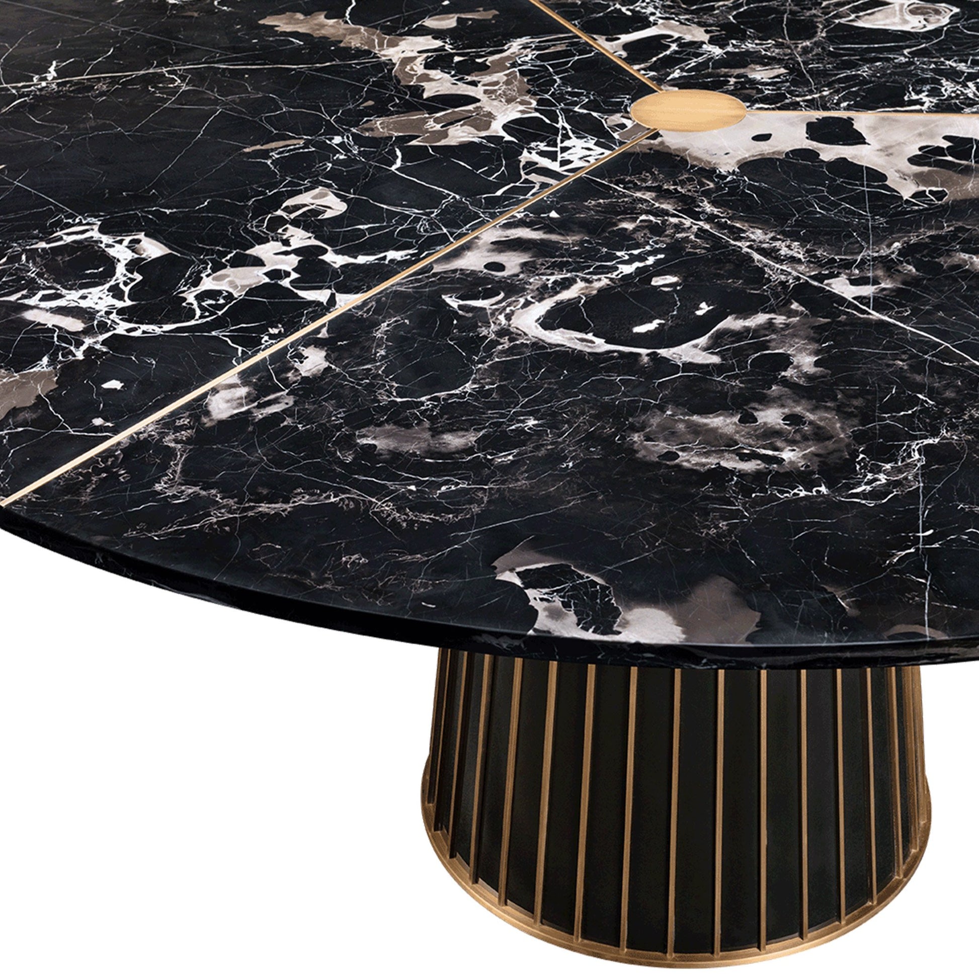 Luxury round marble dining table isometric detail with a high gloss lacquered wood tapered base