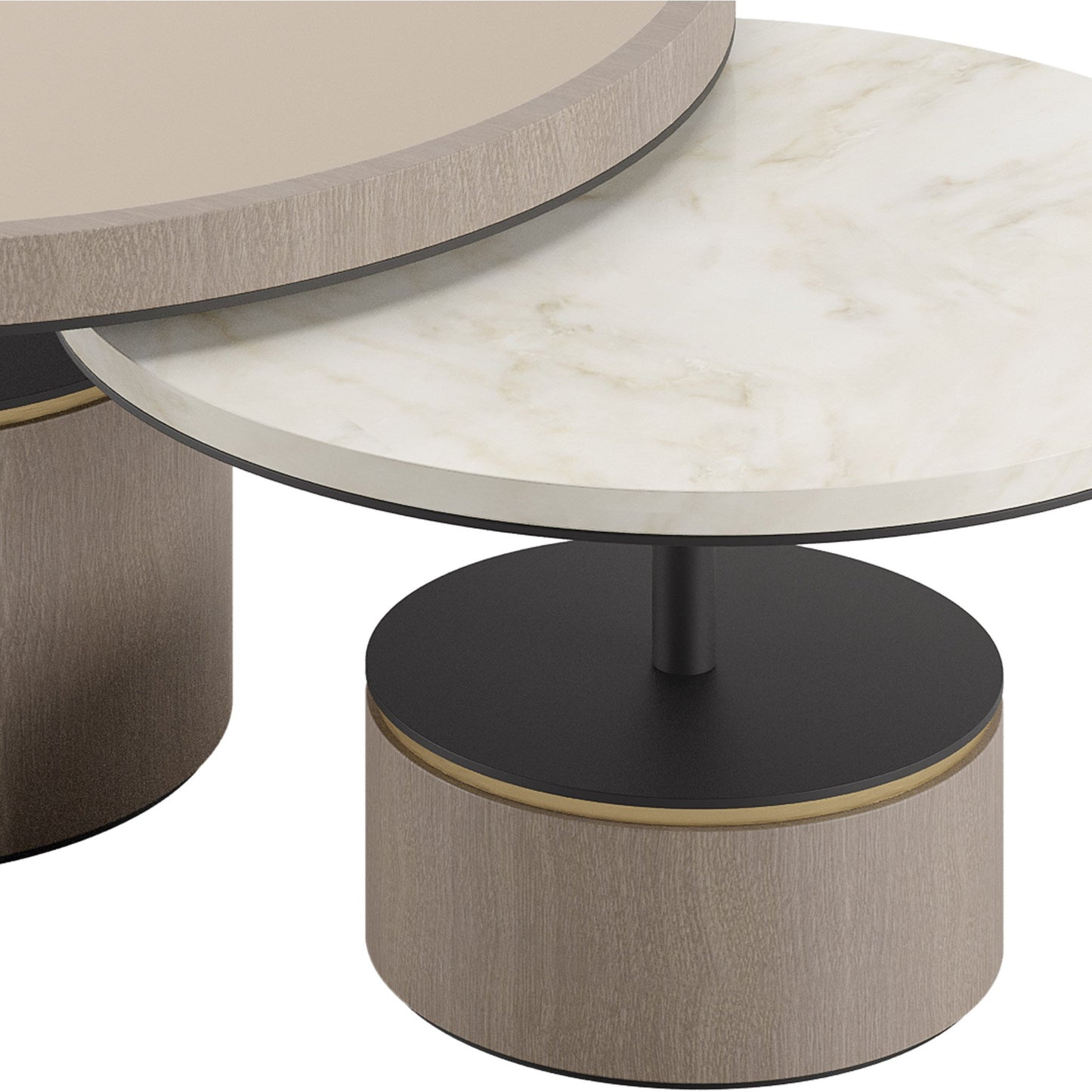 Two round nested coffee tables, one large and one small top detail