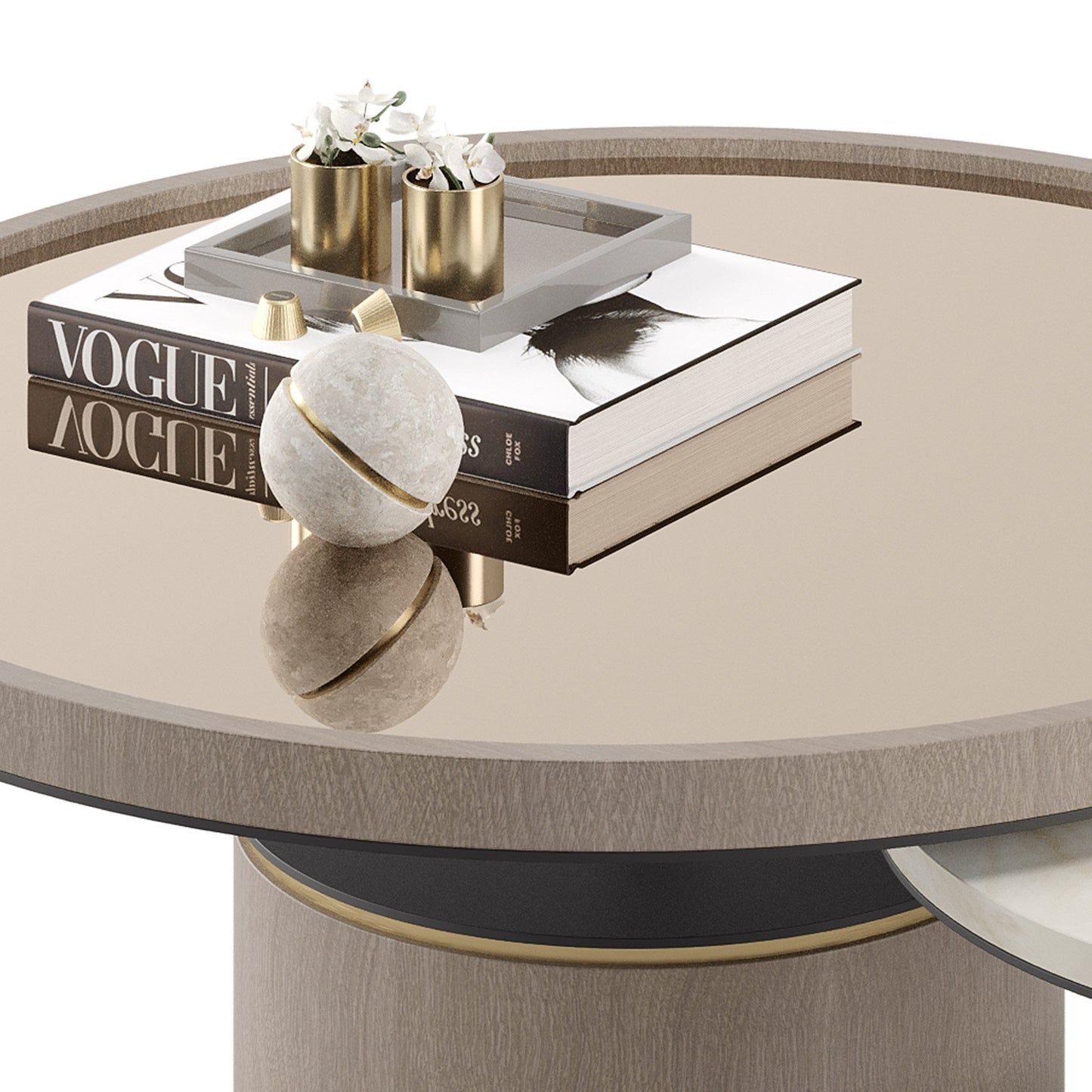 Two round nested coffee tables, one large and one small top