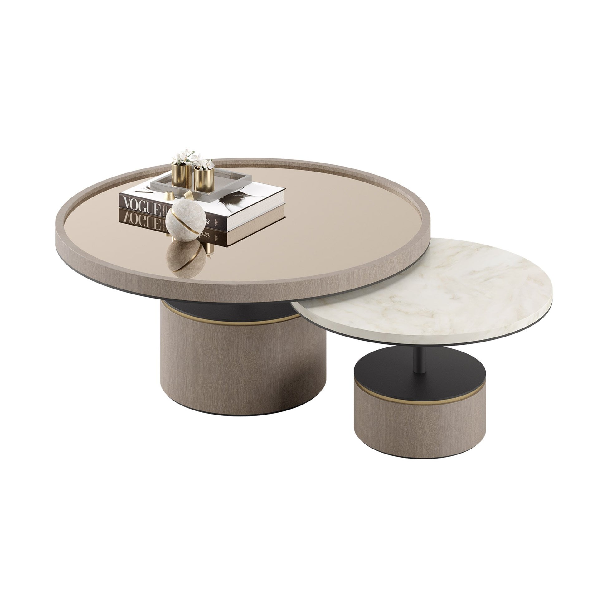 Two round nested coffee tables, one large and one small