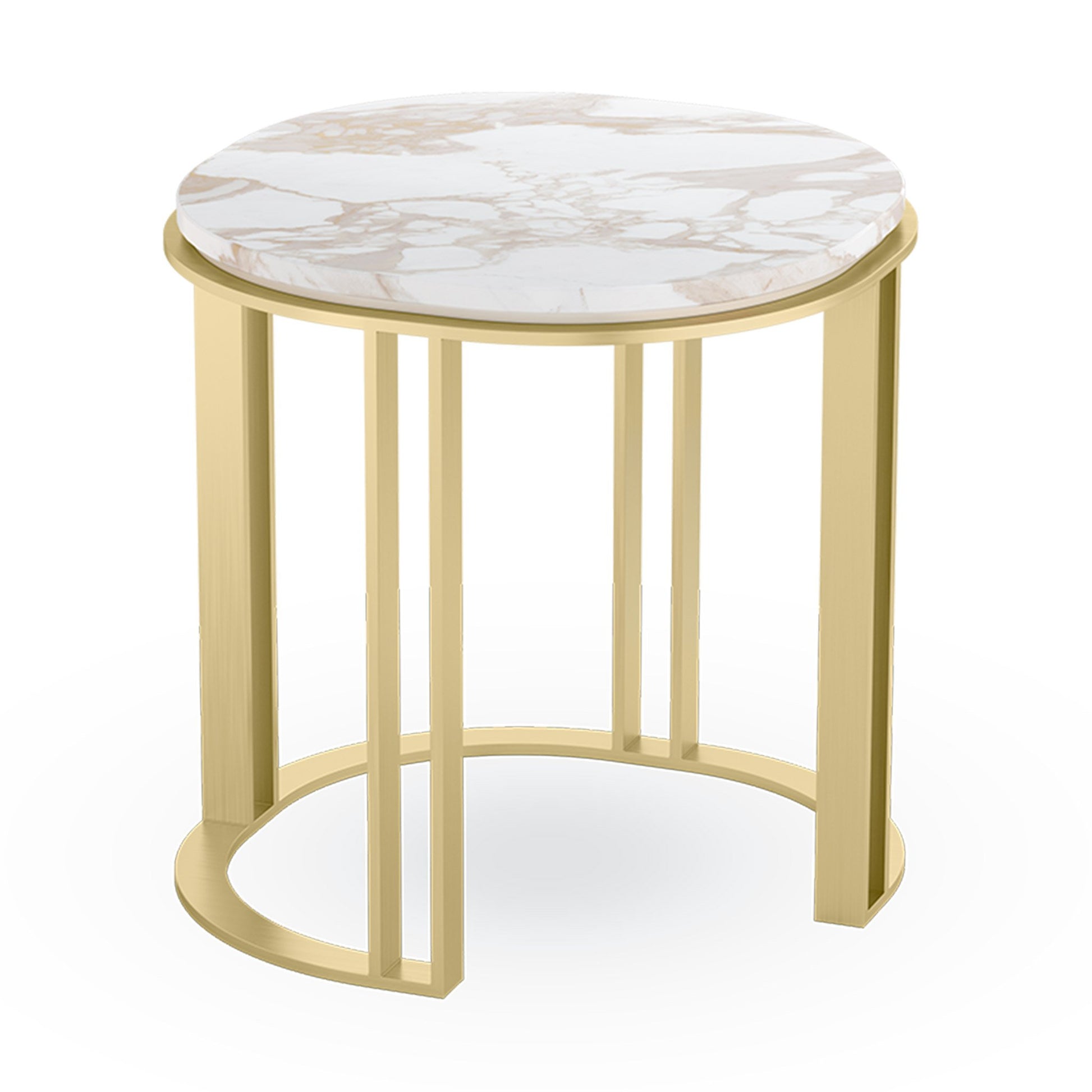 Two white and gold marble round nesting side table top detail