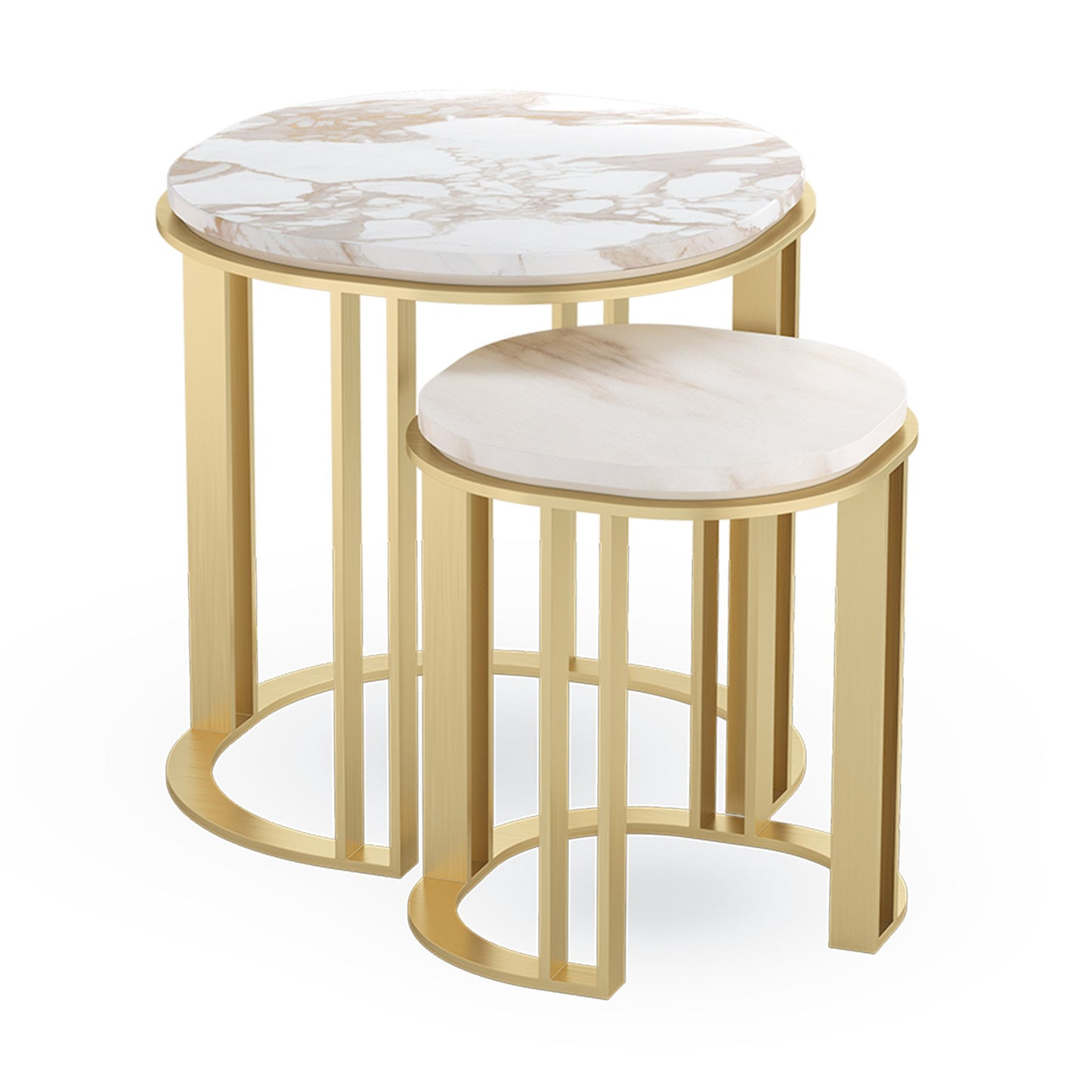 Two white and gold marble round nesting side table top details