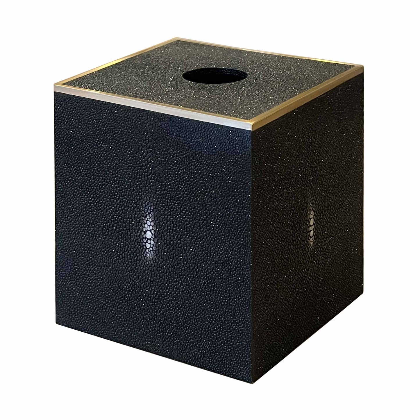 Black square luxury shagreen tissue box with brass trim 