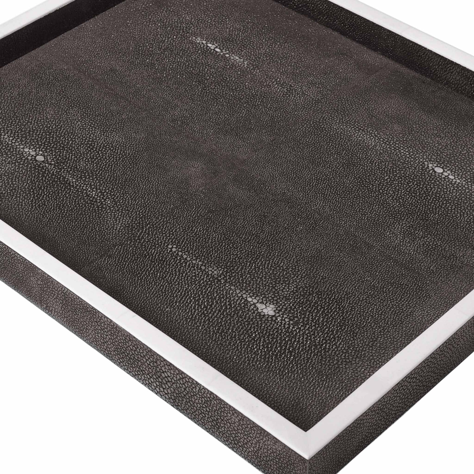 Close up of black shagreen rectangular tray with white bone trim