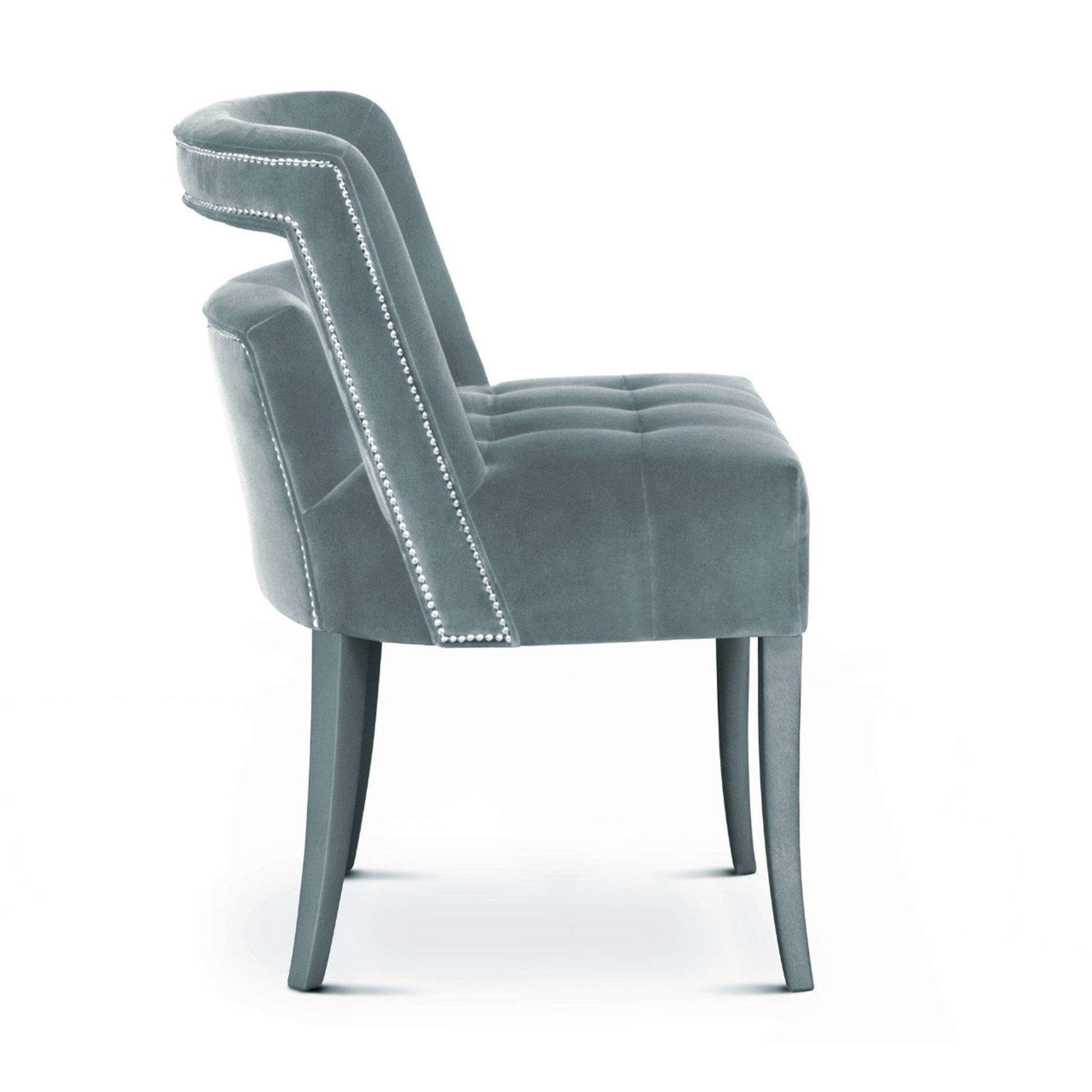 Light blue upholstered tufted dining chair side