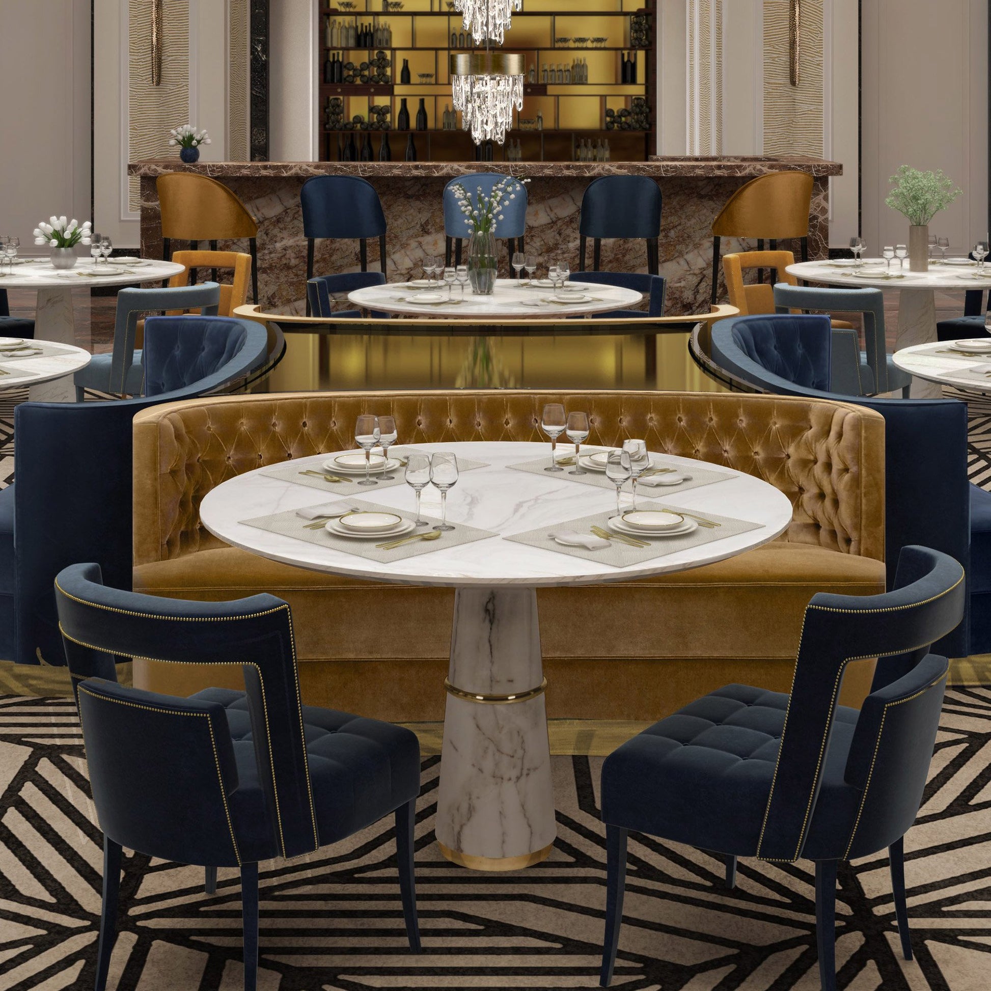 Light blue upholstered tufted dining chair in luxury restaurant