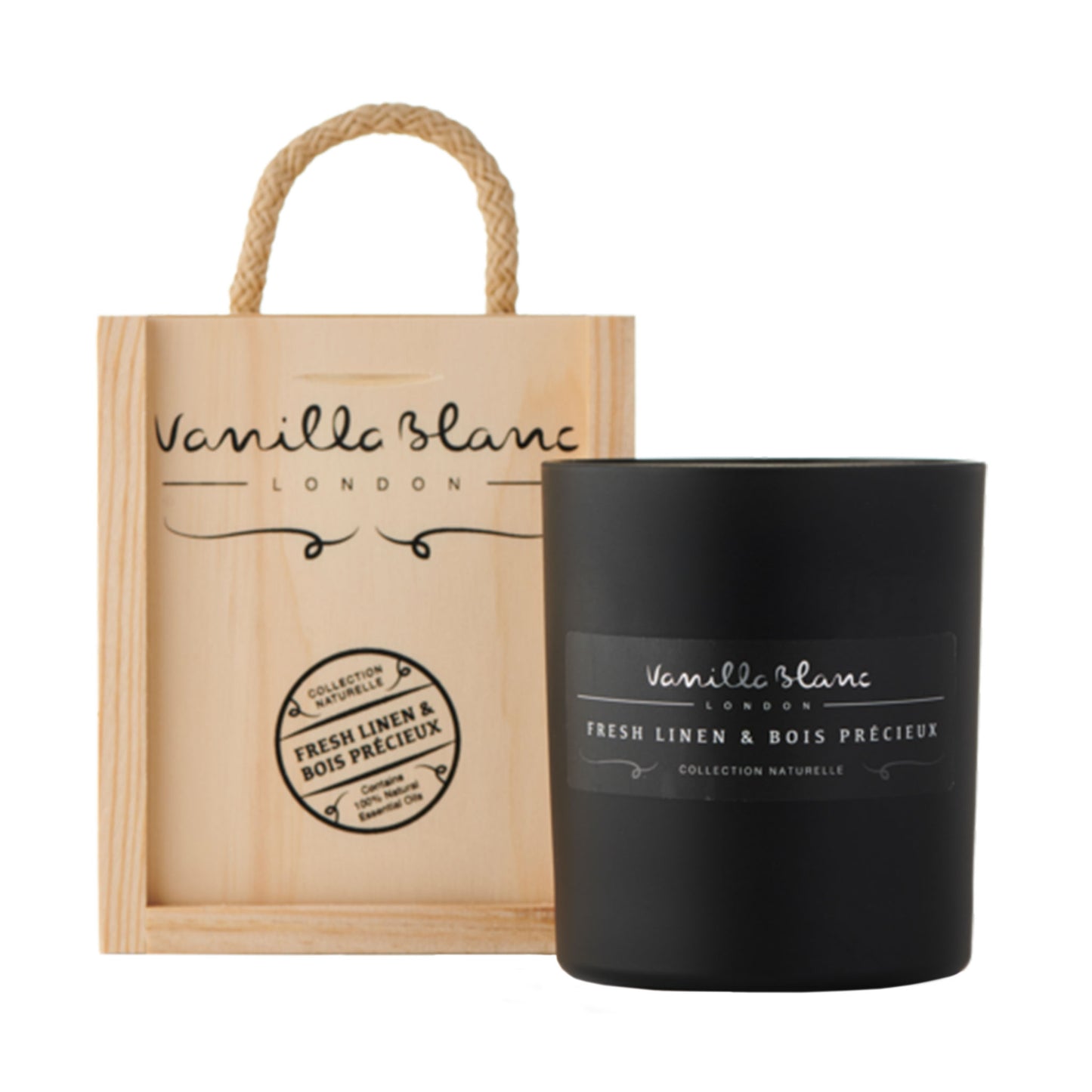 Fresh Linen and Boix Précieux organic candle in matt glass jar in sustainable wooden gift box