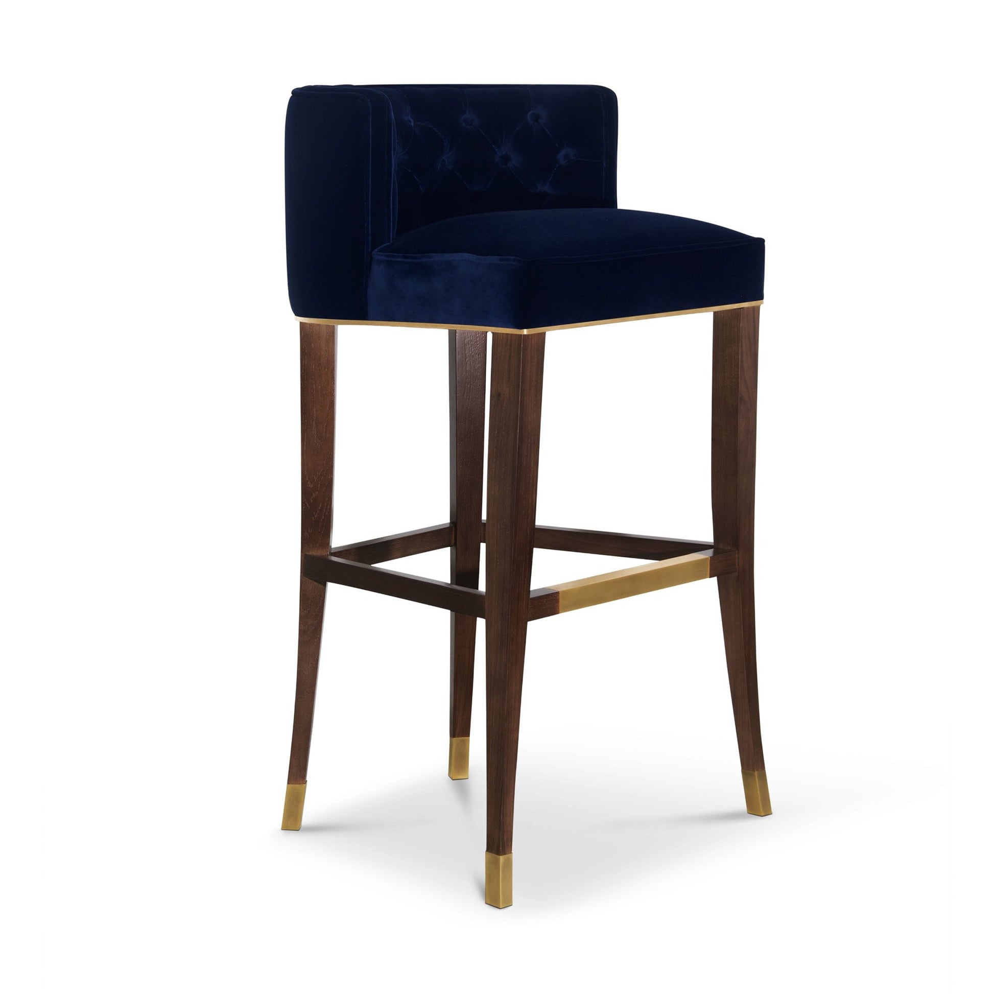 isometric view of the rich cotton velvet bar stool with a button tufted inner back and legs in ash, finished with a walnut stain and aged brass details