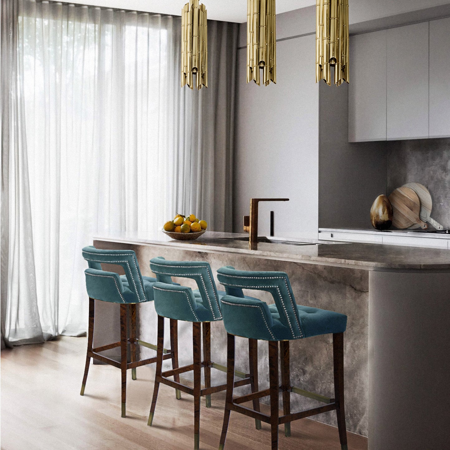 Velvet upholstered bar stools in Luxury kitchen