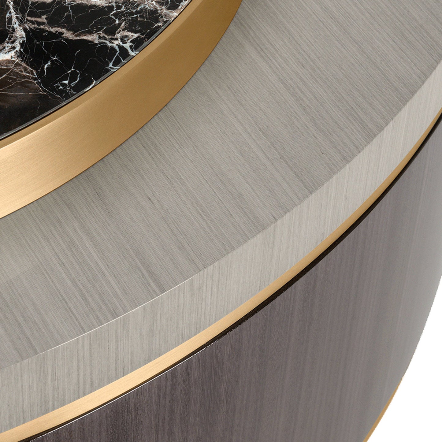 close up image showing the high gloss wood veneer and brushed brass border detail of the coffee table