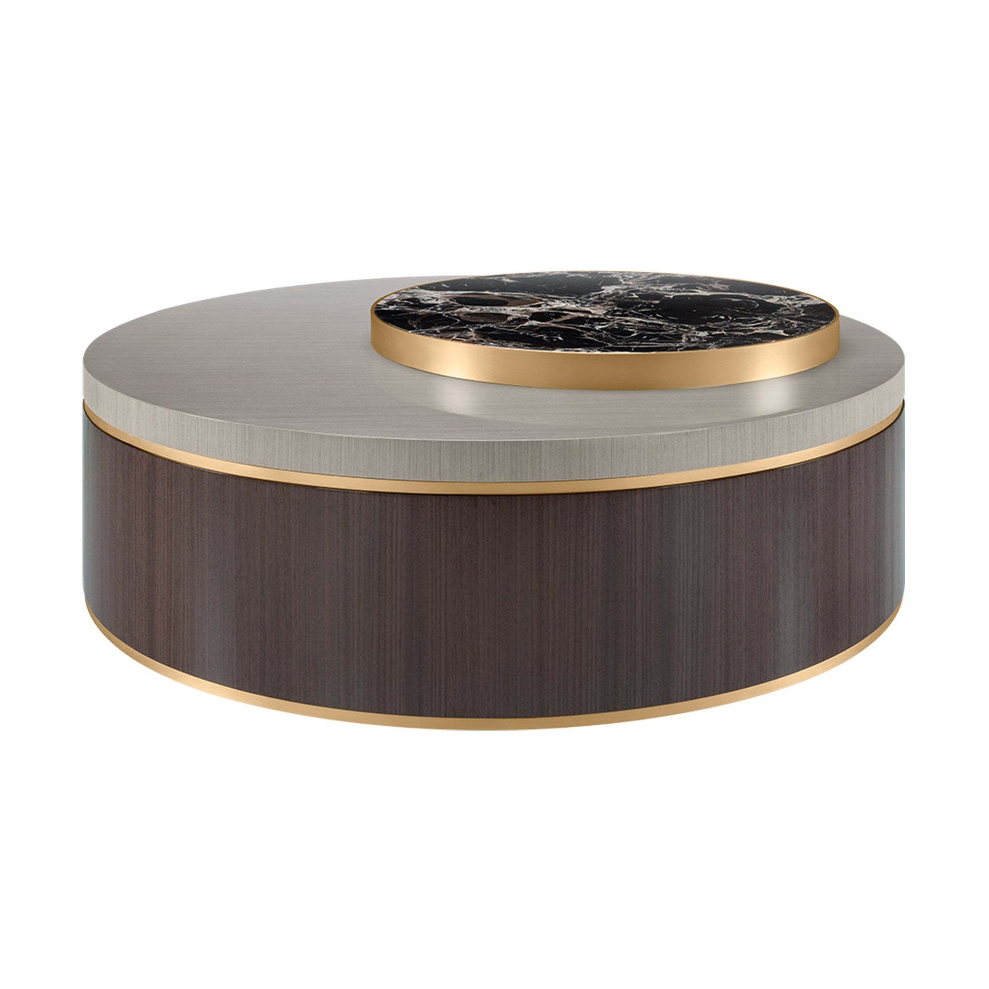 Designer round coffee table consisting of two high gloss wood veneers and a black marbled stone inlay raised surface, with brushed brass accents