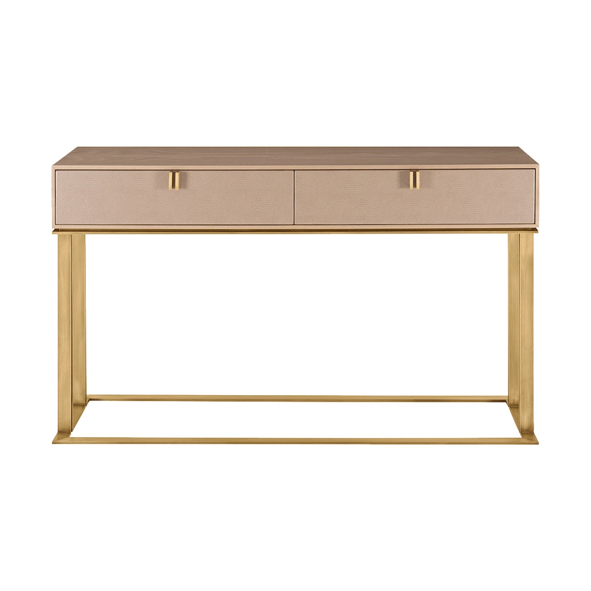 contemporary satin wood veneer console table with a brushed brass structure and two drawers finished in leather