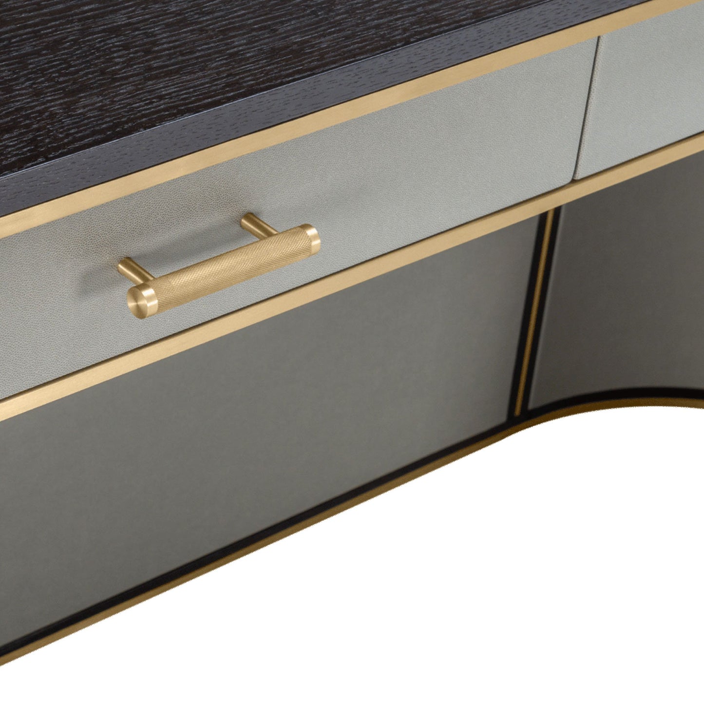 Drawer detail of wooden writing desk with drawers. A beautiful and striking curved piece, the Kent desk cleverly incorporates storage, elegant details and a large work top space.