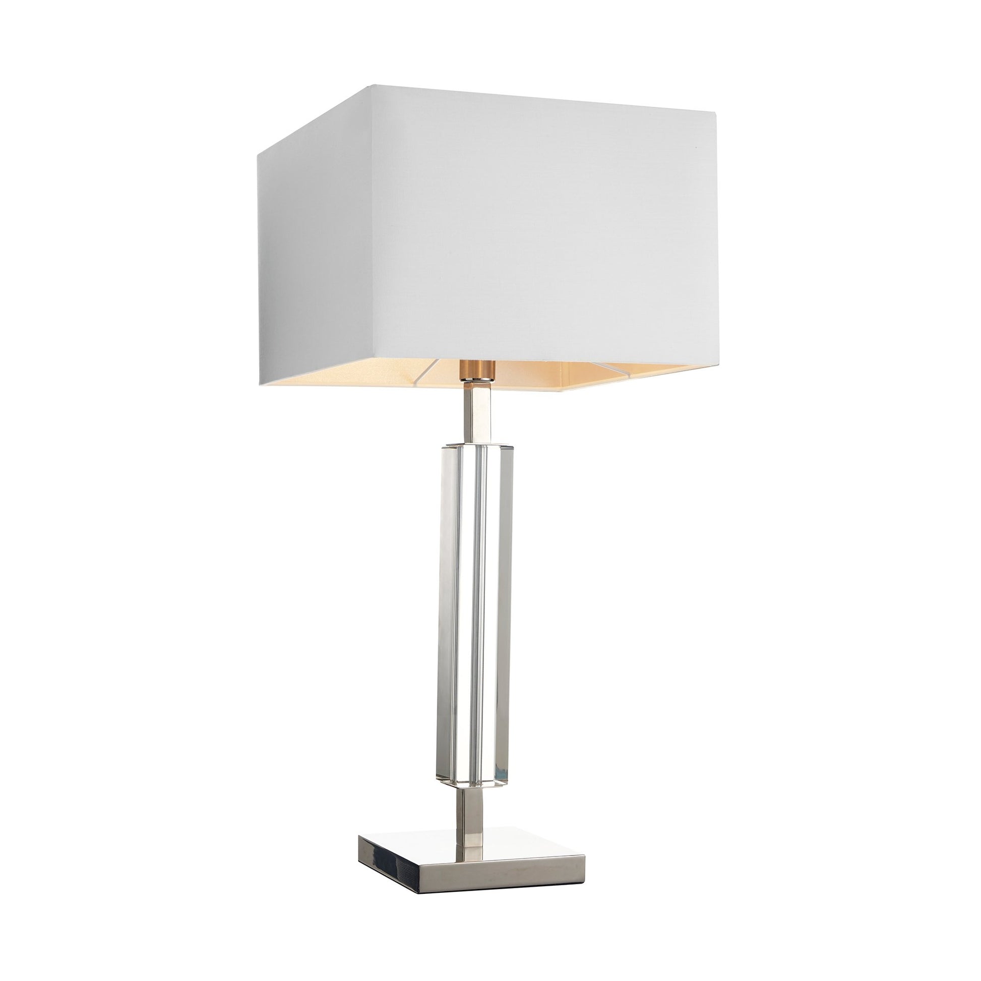 table lamp with a slim crystal stem body, ivory shade, and supported by a square nickel base.