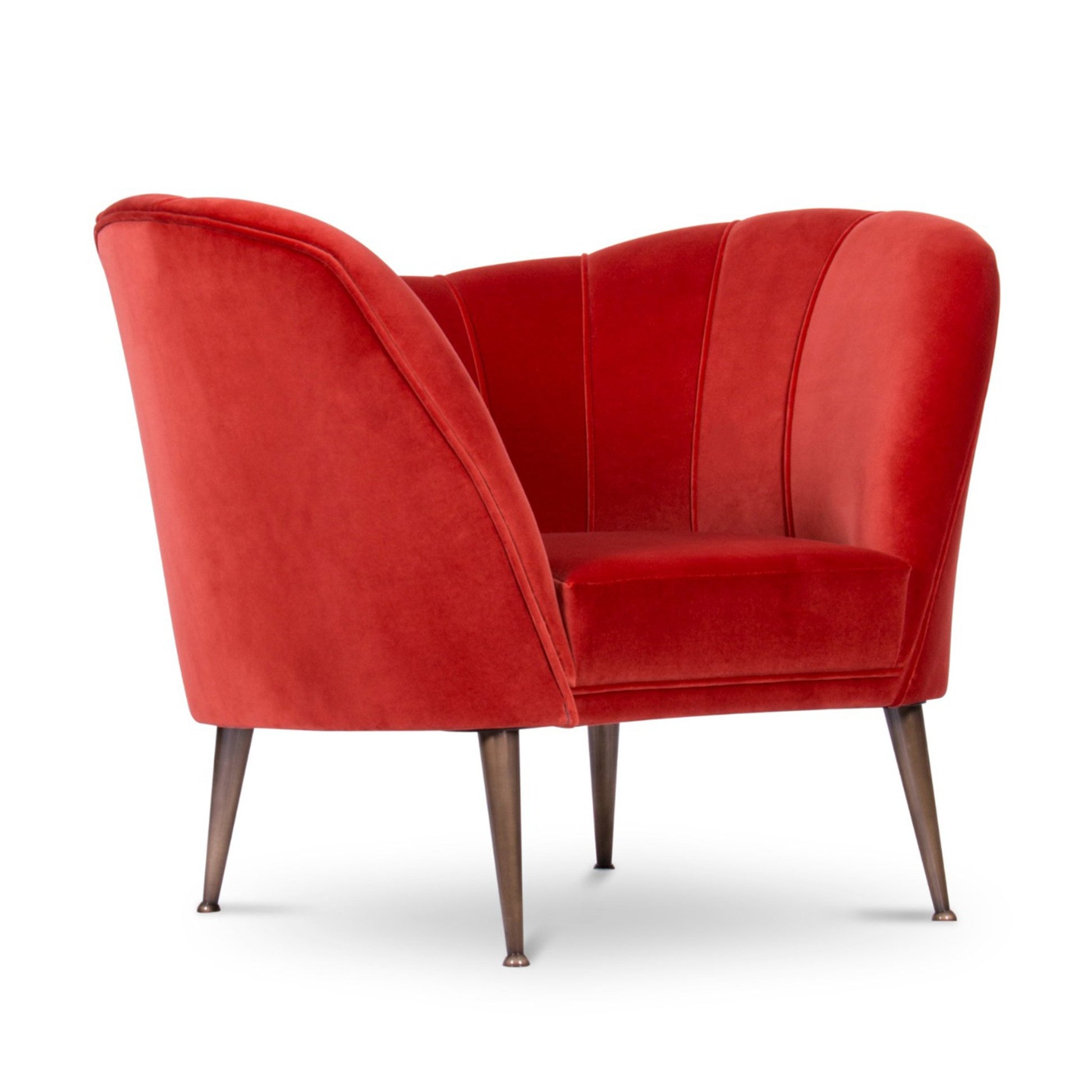 Side angle view of the mid-century modern red luxury velvet upholstered armchair with matte aged brass legs