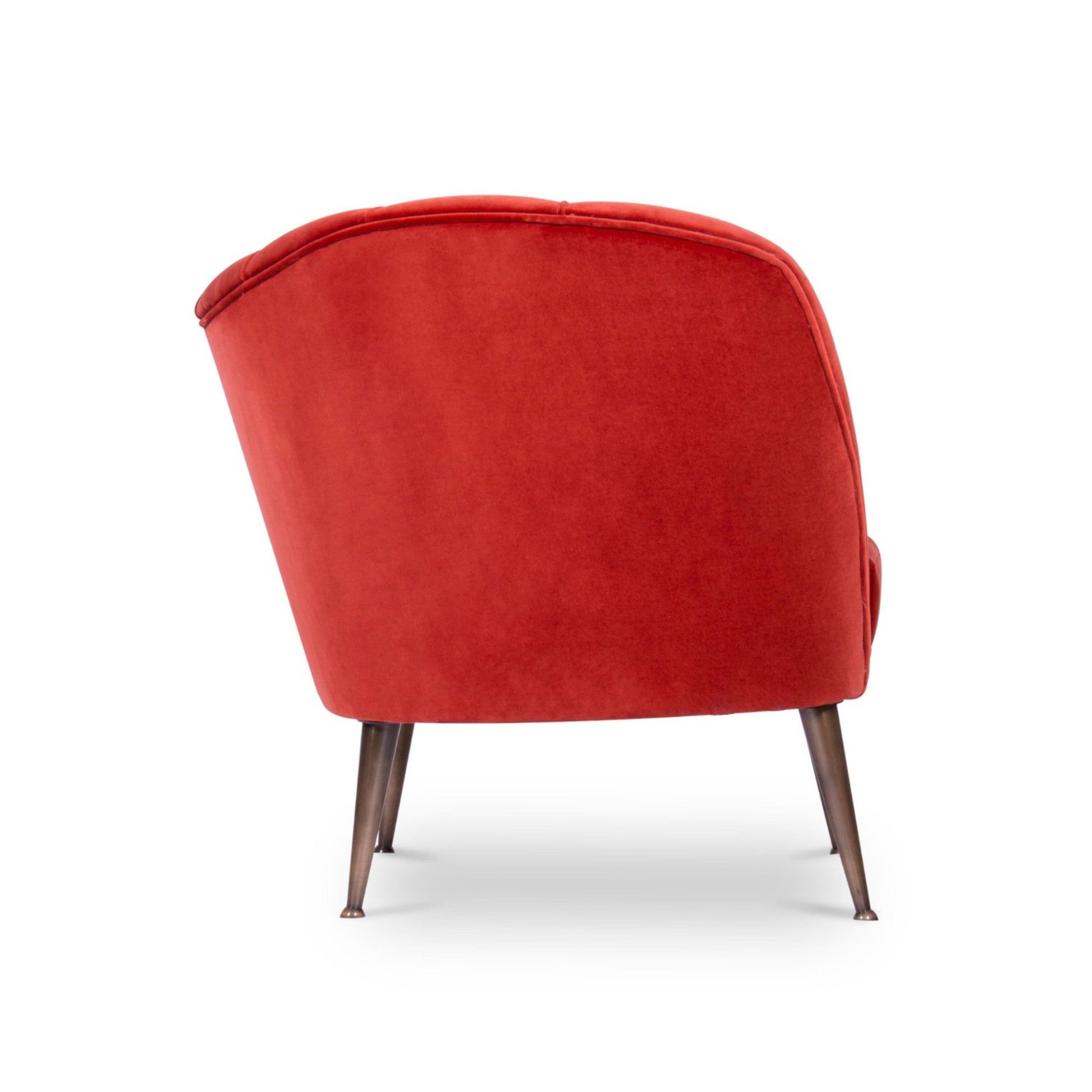 side view of the mid-century modern red luxury velvet upholstered armchair with matte aged brass legs