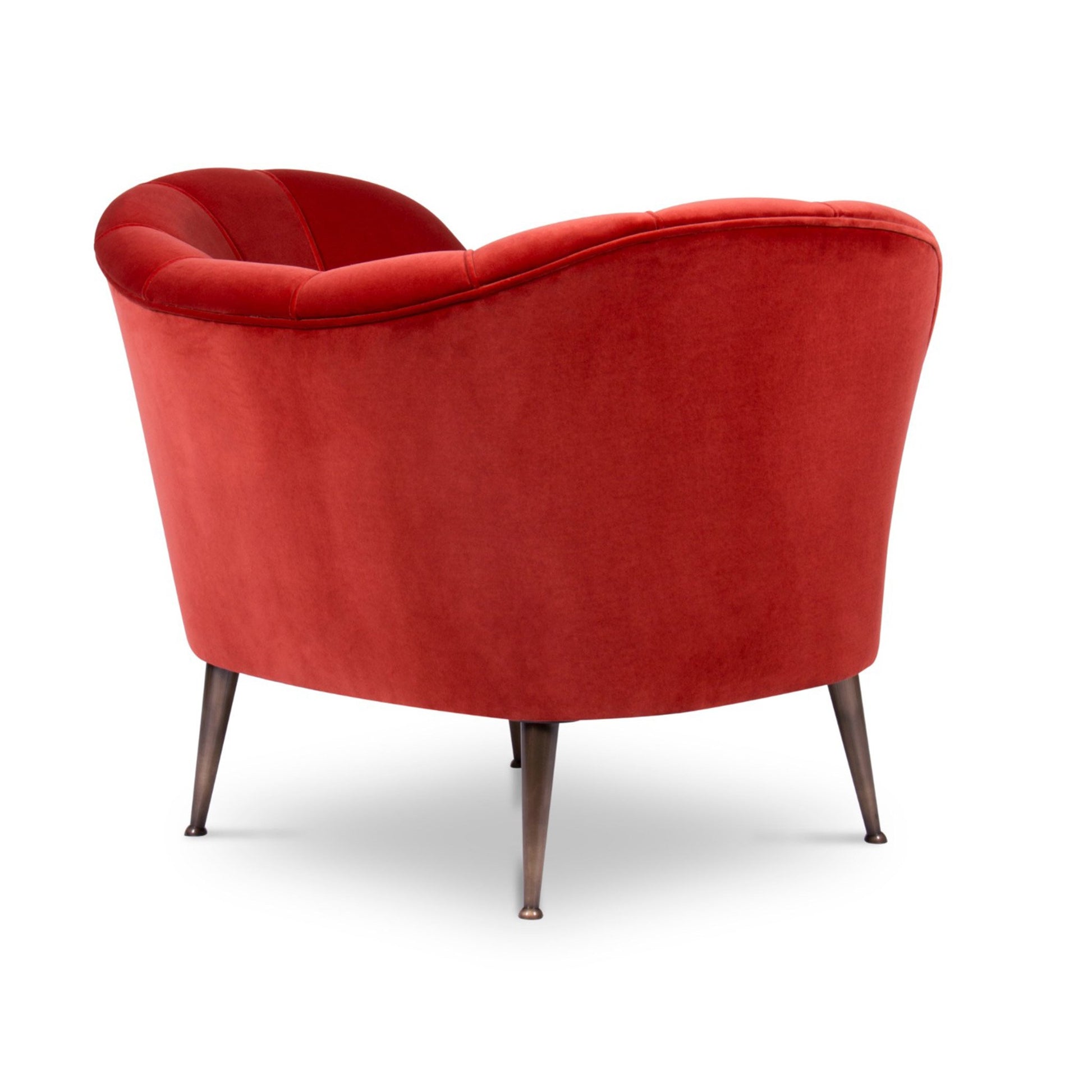 back view of the mid-century modern red luxury velvet upholstered armchair with matte aged brass legs